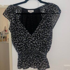 Floral Black White Flounce Blouse cinched at waist